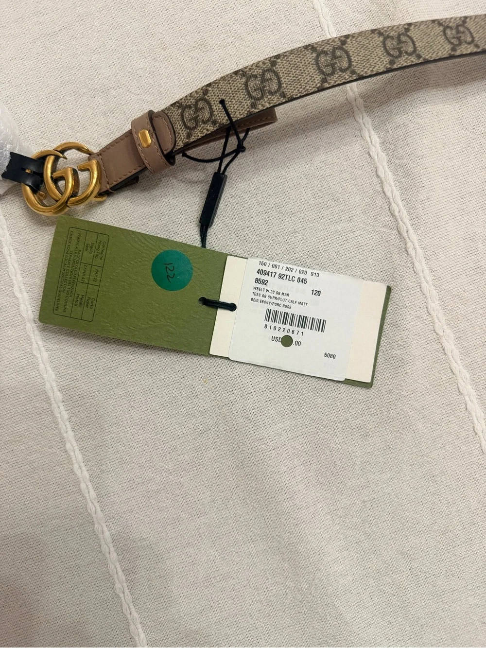 Gucci GG Monogram Canvas Belt with Gold Buckle and Tan Trim